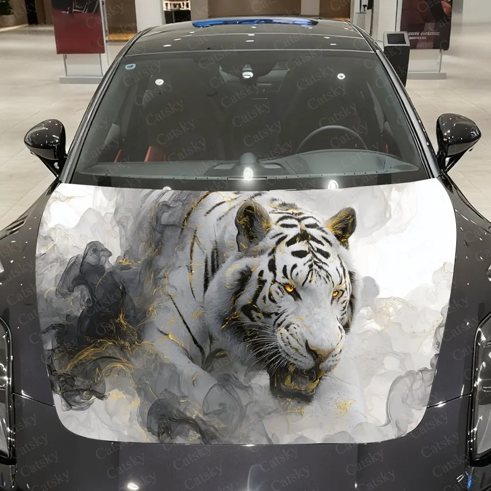 

Golden Mist Entwines Tiger Car Vinyl Wrap, PVC Waterproof Car Hood Sticker, Self-Adhesive Scratch-Resistant Stickers