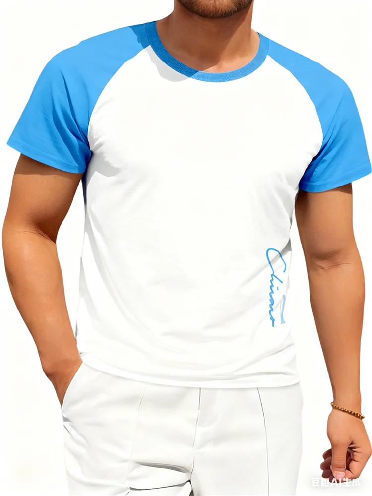 Simple Color-Block Printed Men's T-shirt Leisure Fashion O-Neck Raglan Sleeve T-shirt Daily Loose Comfortable Men Clothing Tops