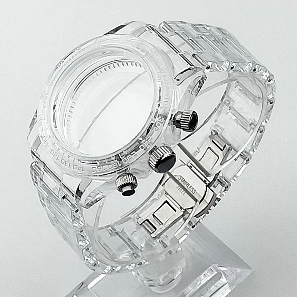 39,5mm Herren-Uhrengehäuse aus Acryl, transparent, geeignet für VK63, mit schwarzem, blauem, grünem, weißem Armband, Uhrenteile und Zubehör – Detail 4