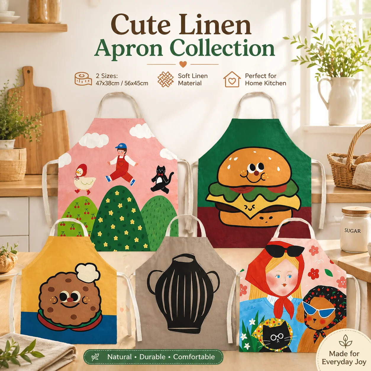 

Cute Cartoon Hamburger Linen Kitchen Apron 2D Flat Print Funny Food Cooking Pinafore for Women Kids Baking BBQ 56x45