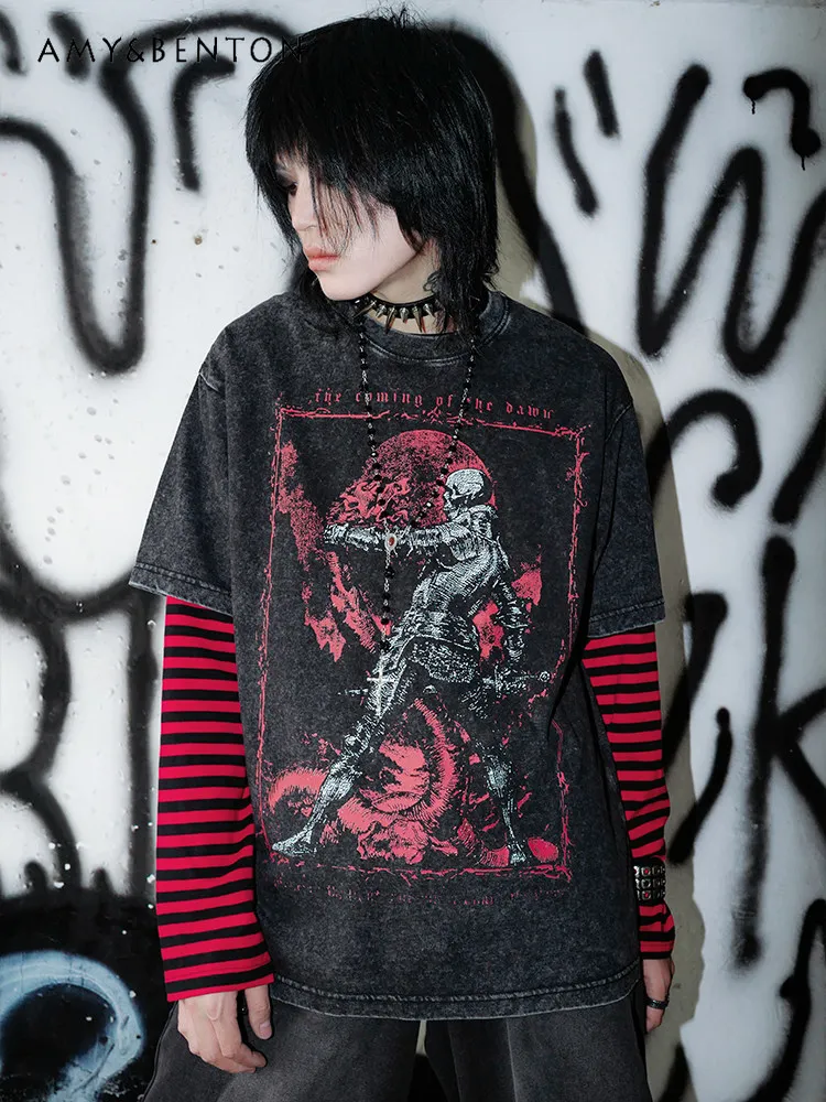 

Subculture Anime Print Round Neck Short-sleeve Striped Color-block Long-sleeve Two-piece Set Harajuku Style Gothic Top for Women