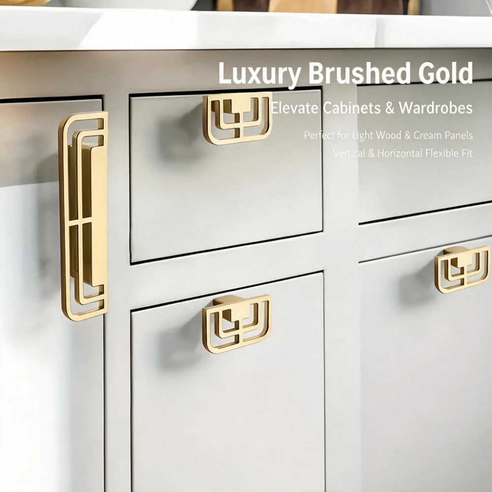 Chinese Style Gold Cabinet Door Handles, Metal Veneer Drawer and Wardrobe Handles, Modern Design with Mounting Hardware