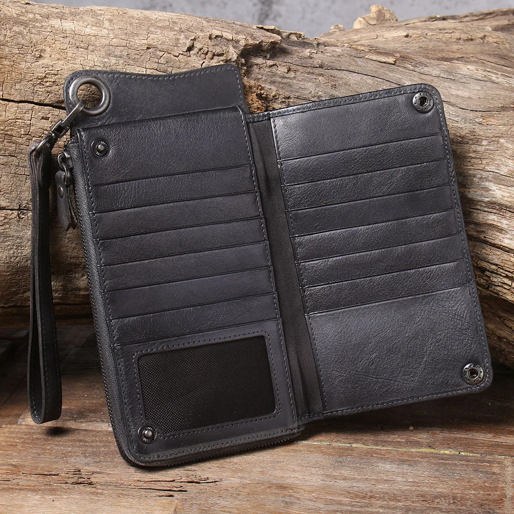 S.WORKER Echtes Vollnarbiges Rindsleder Langes Portemonnaie für Herren, Clutch mit mehreren Kartenfächern, Casual-Geldbörse mit Handgelenkschlaufe – Detail 25