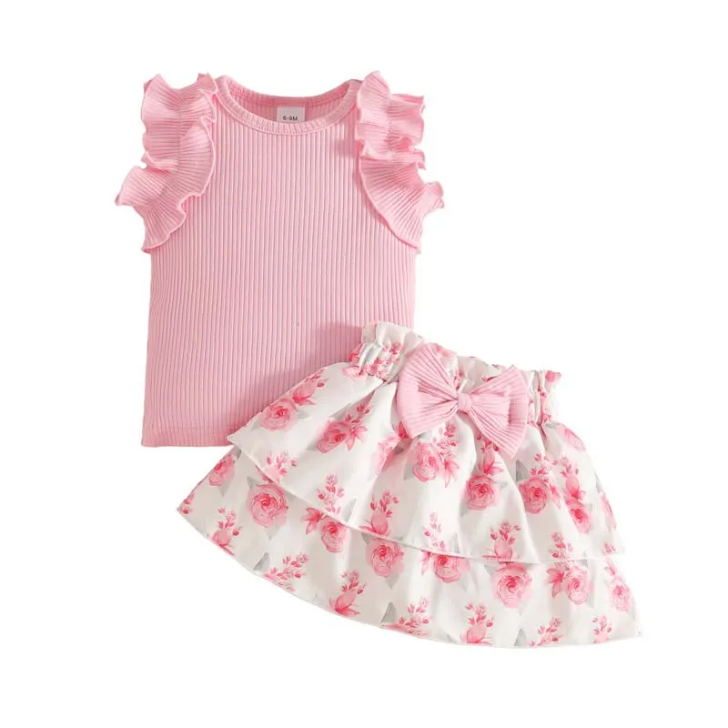 Baby Clothing 1-3 Years Toddler Girl Set Pleated-trim Sleeveless Top + Floral Bow Skirt Summer Baby Girl Vacation Casual Set