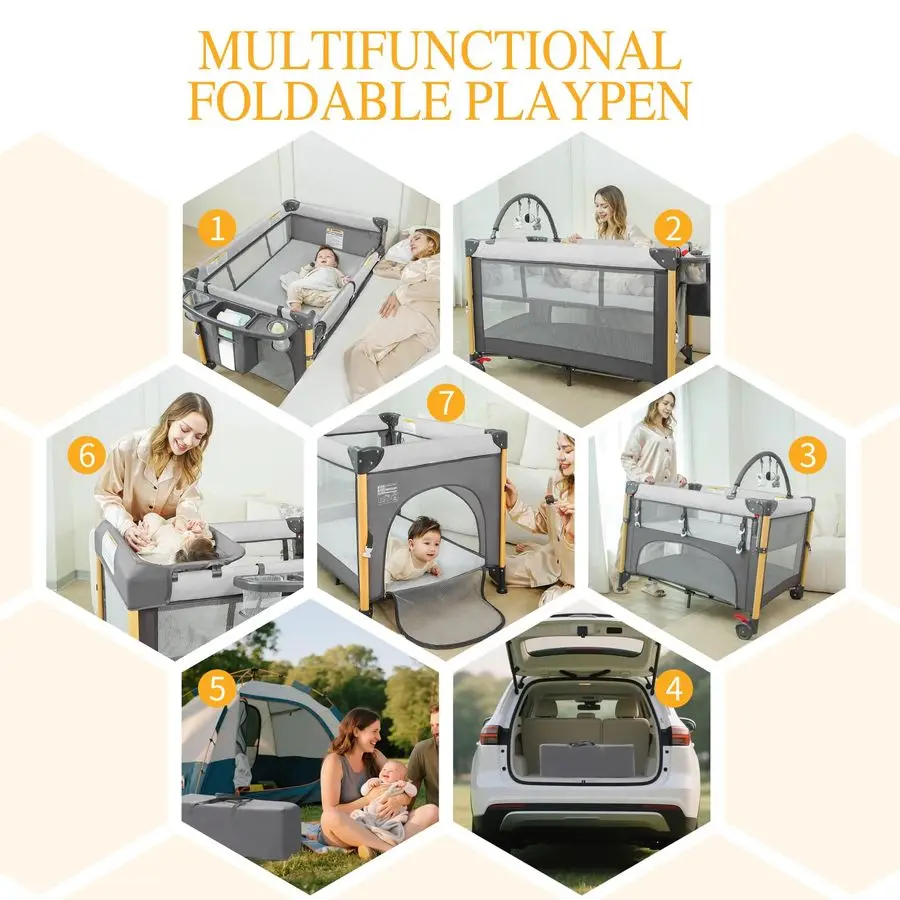 سرير سرير بجانب السرير مع إعداد يد واحدة 5 في 1 حزمة قابلة للطي وتشغيل للسفر، سرير أطفال محمول مع إعلان مبدل الحفاضات