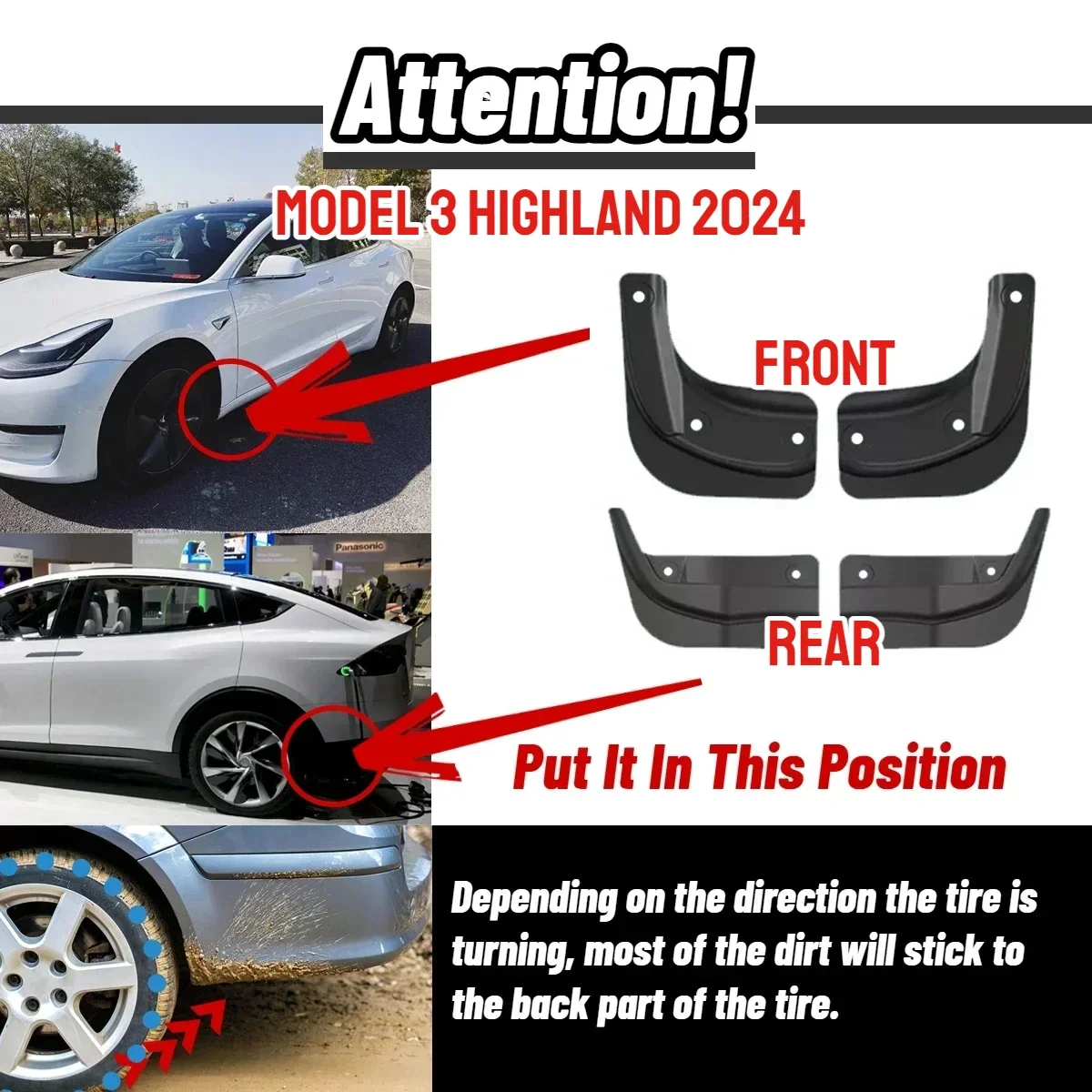 Mud Flaps for Tesla Model 3+ Highland 2024 2023 Mudflaps Splash Guards Mudguards Front Rear Fender Protector Car Accessories