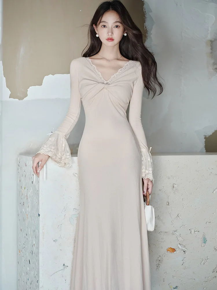 Robe longue en dentelle tricotée, manches évasées, Chic, col en v, élégante, pull décontracté, robe de bal moulante coréenne, automne hiver 2025