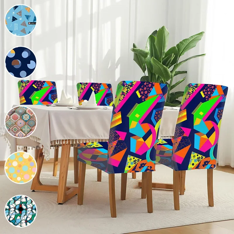 Elastic dining chair cover, removable and washable home decoration products, modern collage geometric element printing pattern