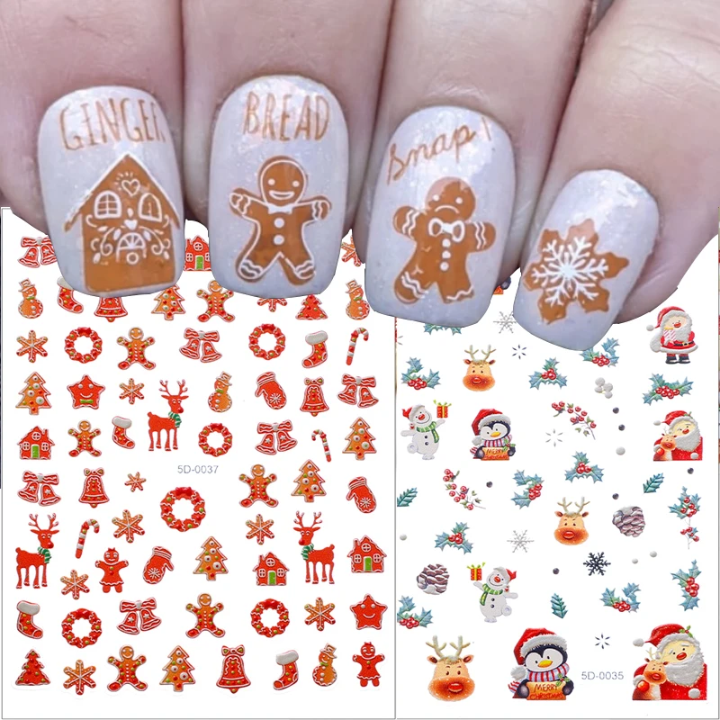 Cartoon Gingerbread Snowman Nail Stickers Christmas Nail Art Decoration Snowflakes Holly Leaves Stickers for Nails Slider Decals