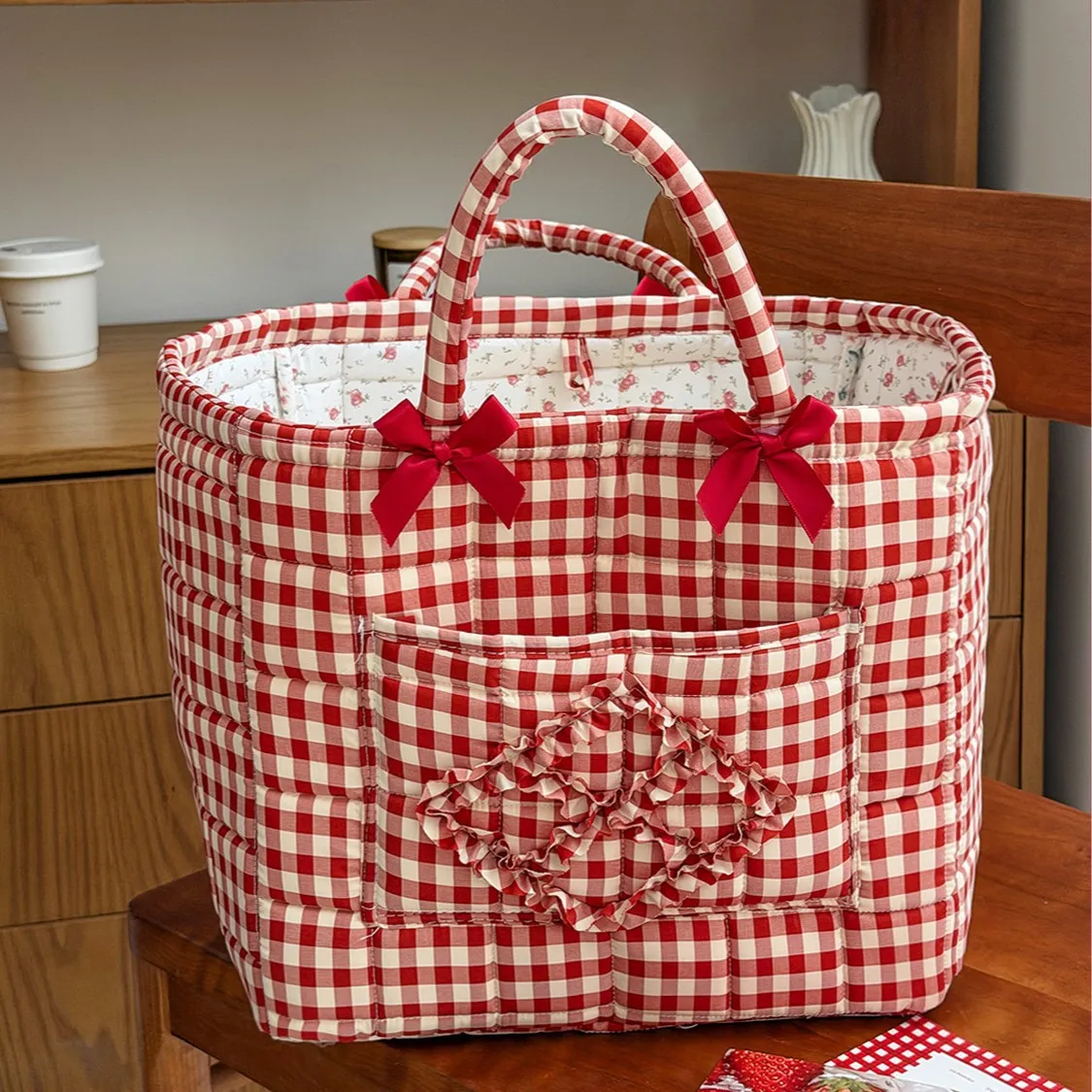 

ed Plaid Storage Basket with Bow, High-Glamour Collapsible Laundry Hamper, Lightweight Foldable Bin for Snacks Toys Clothes