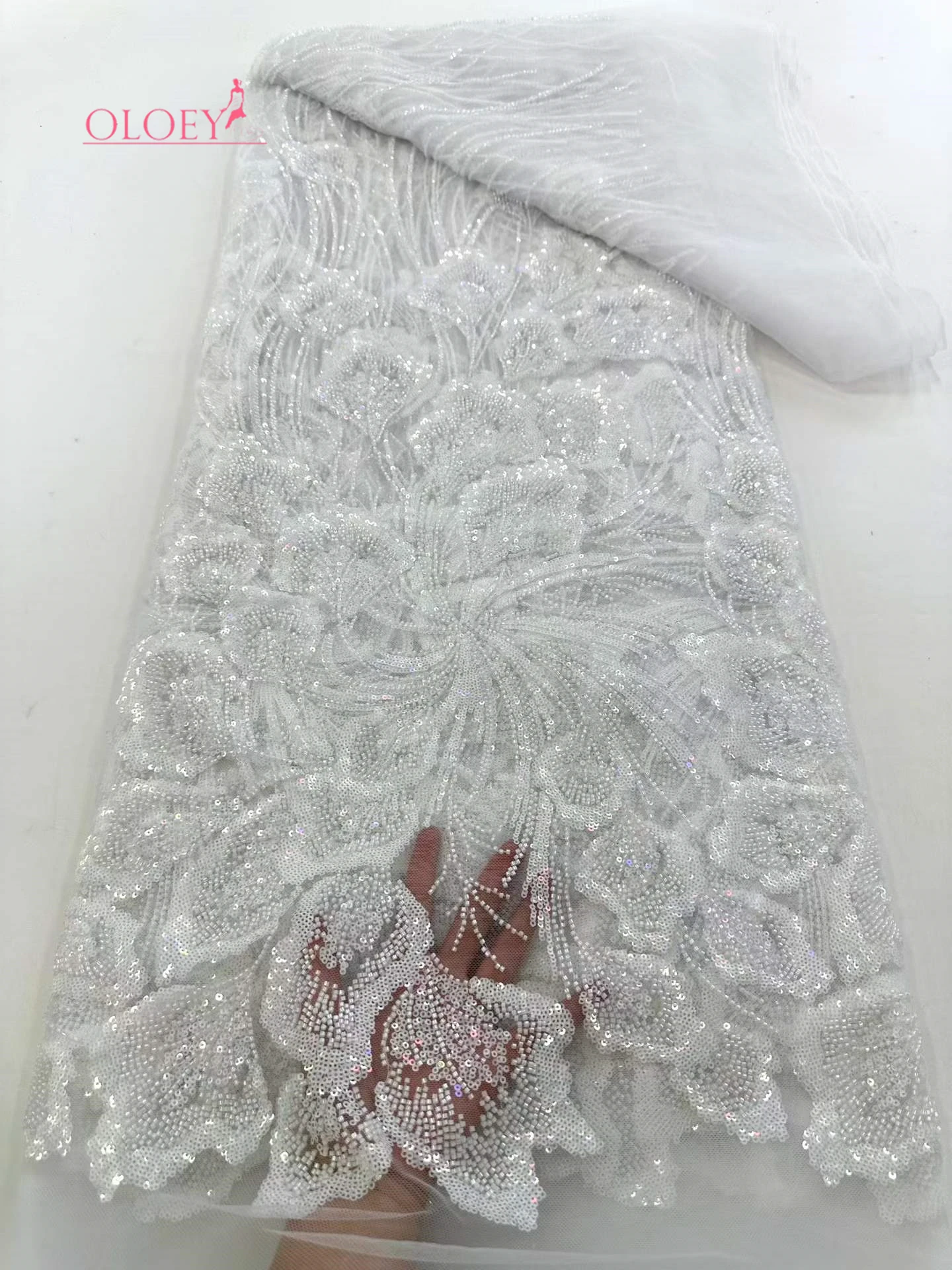 

OLOEY Luxury African French Tulle Lace Fabric 2026 High Quality Beaded Nigerian Sequins Lace Fabric for Wedding Dress Sewing