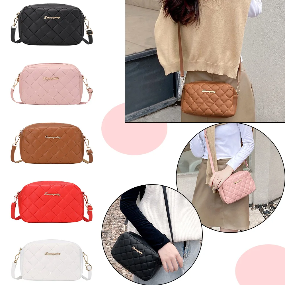 

Embroidered Female Messenger Bag PU Lattice Shoulder Crossbody Bag Solid Color Shopping Daily Purse Ladies Handbags