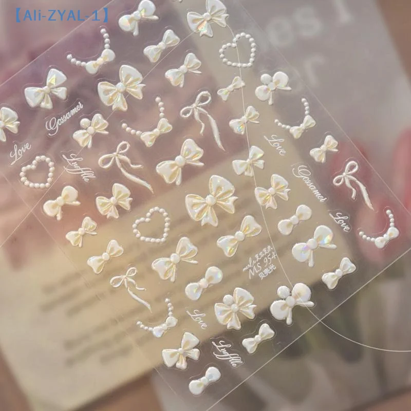 【ZYAL-1】Französische Polka-Dot-Schleifen-Nagelaufkleber, 5D-Schleifen-Perlen-Herz-Nagelaufkleber, selbstklebende DIY-Maniküre, farbenfrohe Nagelkunst