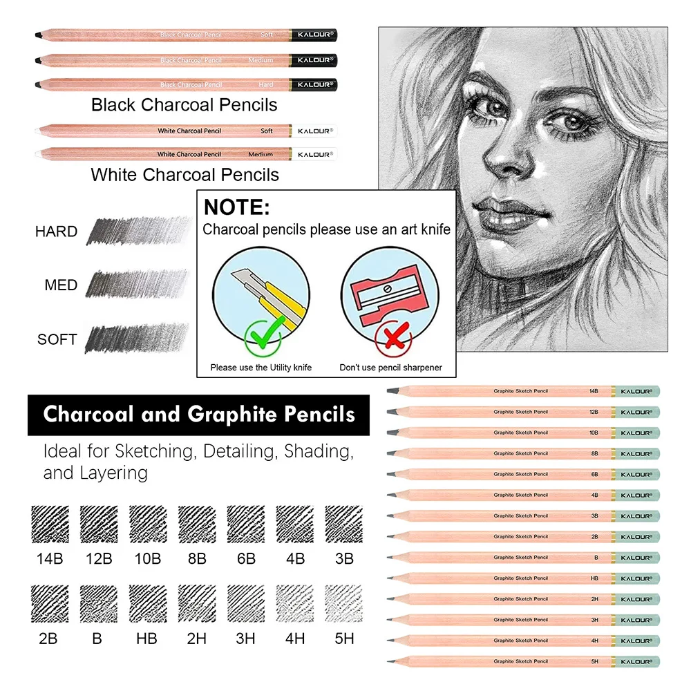 Kalour PDAS Set Pensil Sketsa 22/39 Buah Pensil Grafit Arang Batang Ergonomis Kit Gambar Lengkap Hadiah Seniman Kualitas PRO
