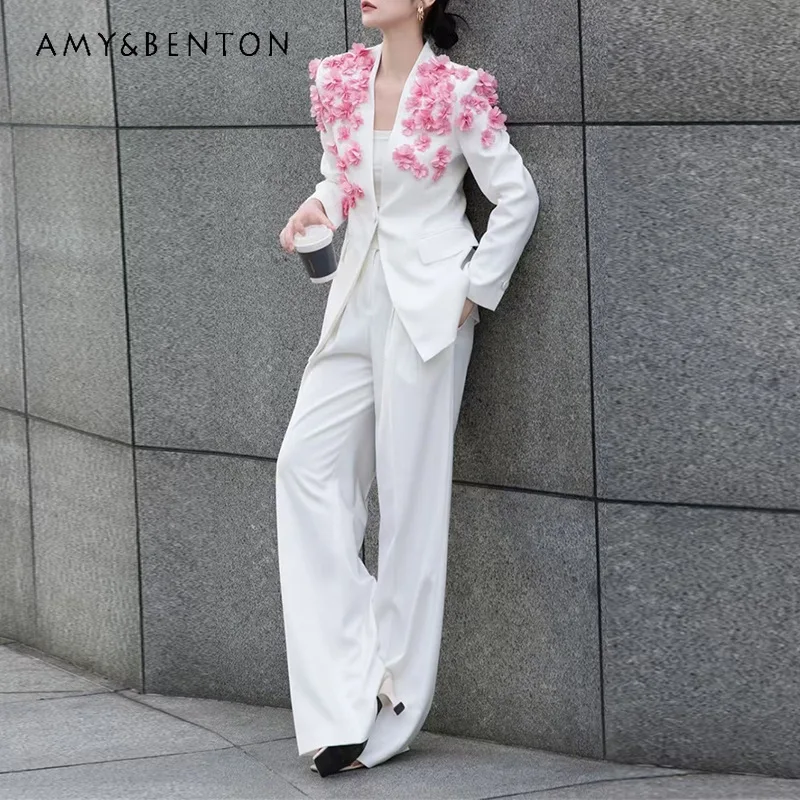 

Original French Design Women's Two-piece Set 2026 New Heavy Industry Three-dimensional Flower V-neck Suit Long Pants Set Ladies