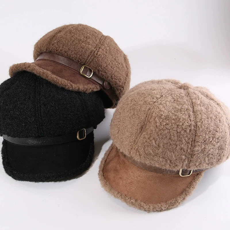 秋-冬厚手のシープスキンフリース八角帽子女性のヴィンテージベレー帽小顔効果ニュースボーイキャップカジュアルアーティストハット