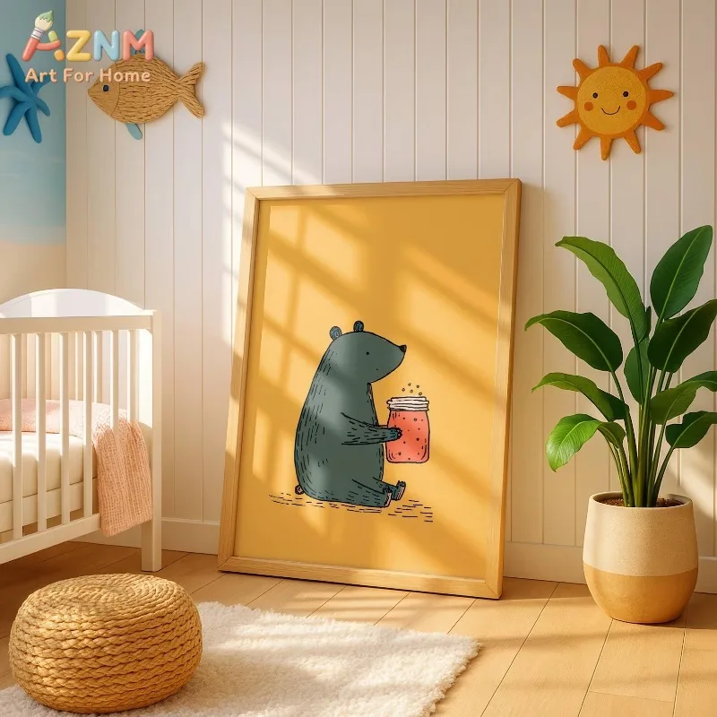 AZNM Cartoon Bear Honey Jar Canvas Wall Art Warm Yellow Background Cute Animal Print Unframed Canvas Boho Kids Baby Nursery Deco