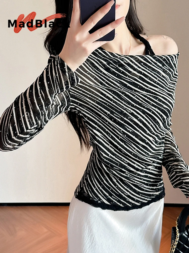 

MadBlack-женская европейская футболка, сексуальная полосатая ромбовидная лоскутная футболка, модная тонкая трикотажная футболка с длинными рукавами S-3XL, осень 2021, T59940CC