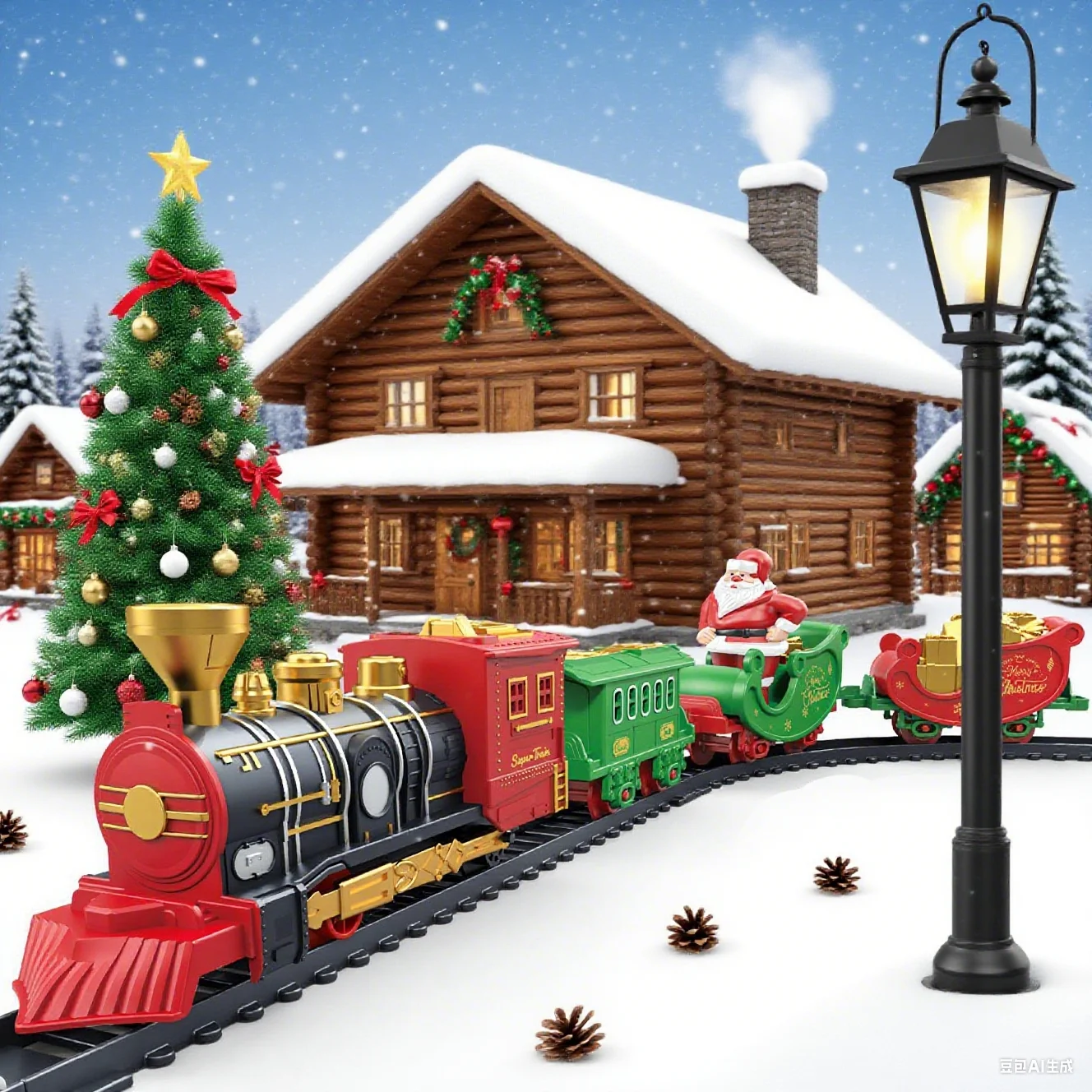 Christmas Train Electric Railway Set with Santa Sleigh Classical Rail Track Set Locomotive Playset Classic Train Toy Sound Gifts