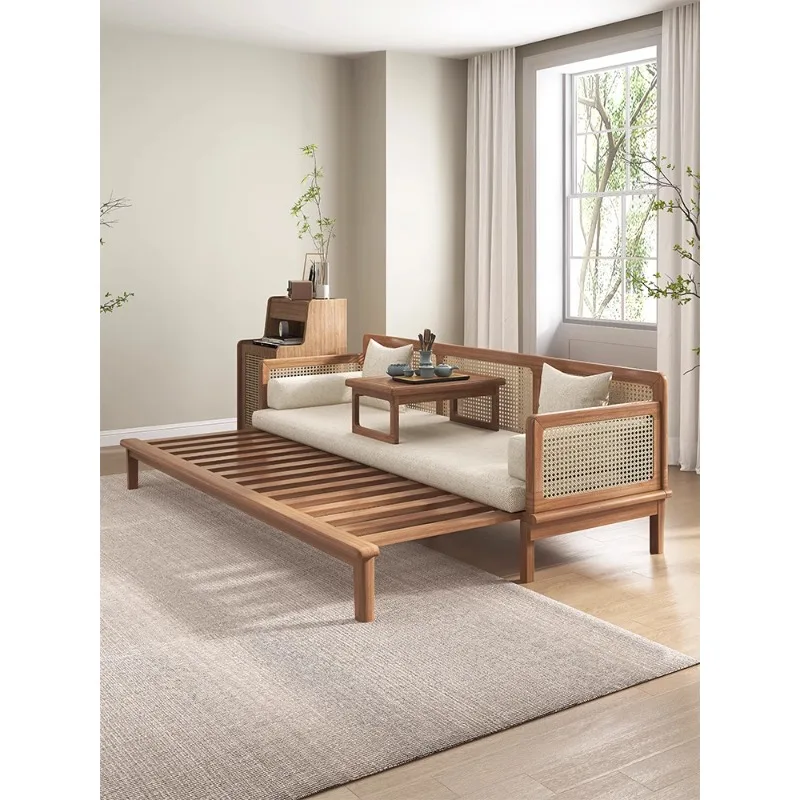 

Rattan sofa living room solid wood Arhat bed combination small apartment new Chinese ash wood pull-out retractable bed