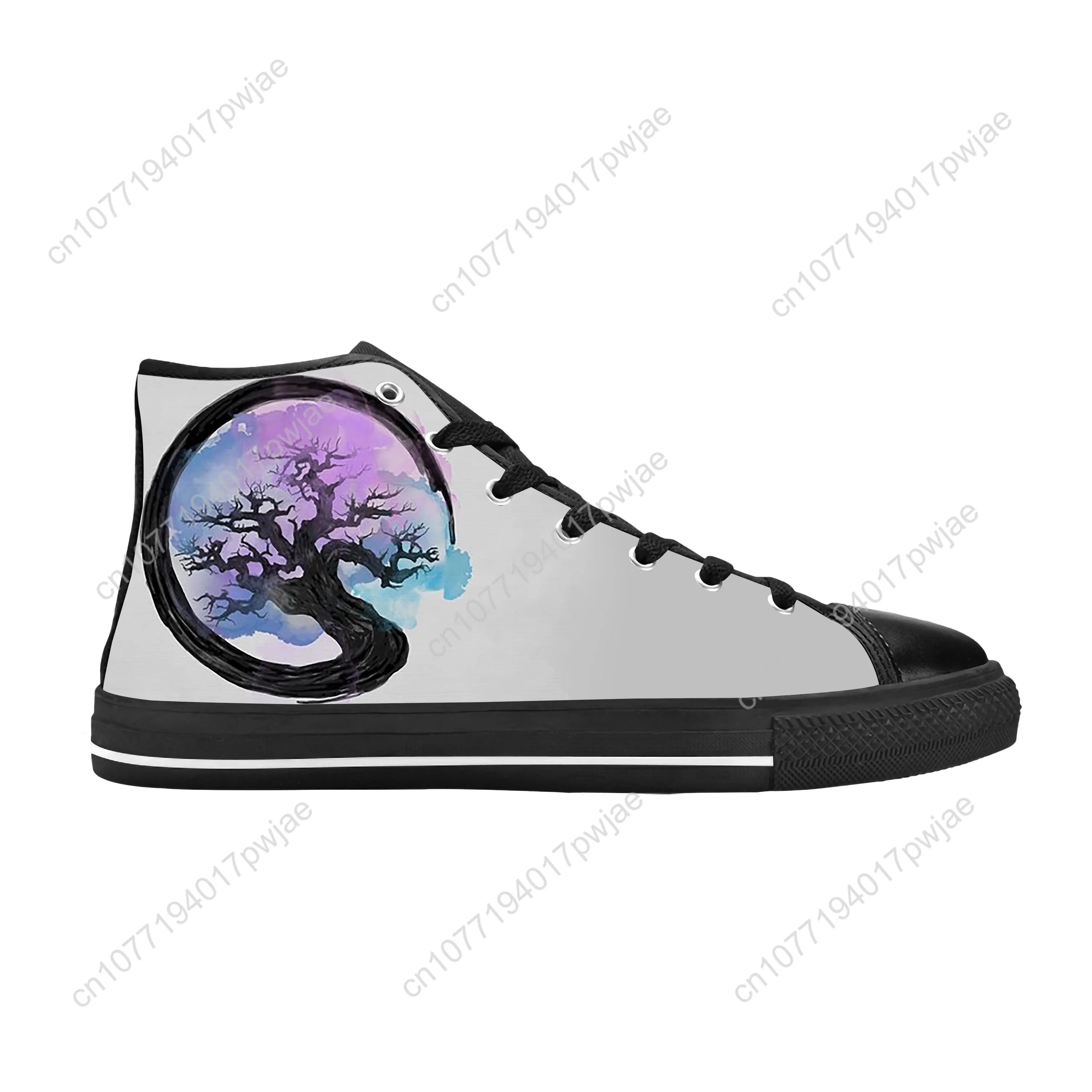 Sapatilhas japonesas de bonsai high top para homens e mulheres, sapatos de pano casuais, confortável respirável, impressão 3D, zen budista, círculo Enso, quente