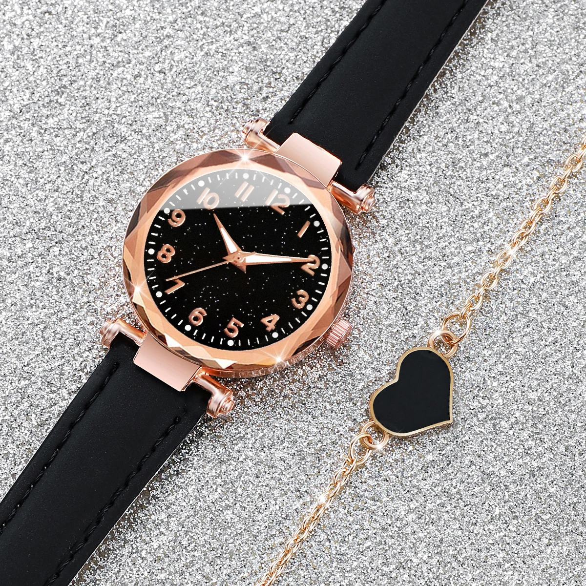 2PCS/Set Fashion Starry Sky Dial Women Watch Leather Band Quartz Watches Heart Bracelet Set