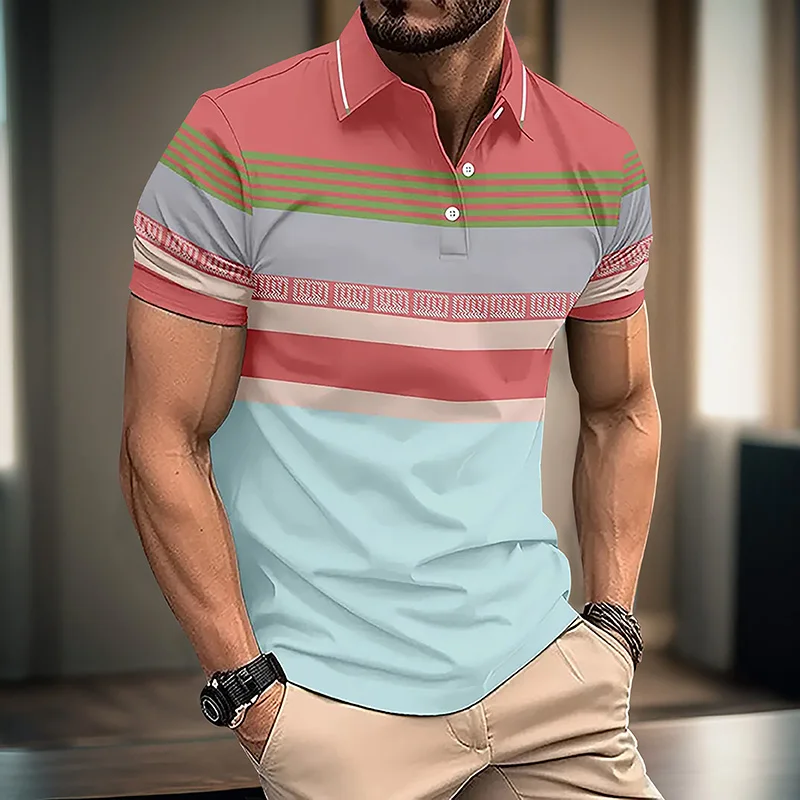 Men\'s New Summer short sleeved lapel 3D digital printed striped polo shirt buckle men\'s business casual top