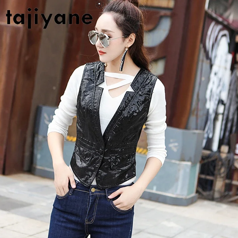 Tajiyane Top Women Autumn and Winter Genuine Leather Jacket Women\'s Short Waistcoat Bright Leather Embossed Sheepskin VestFCY173