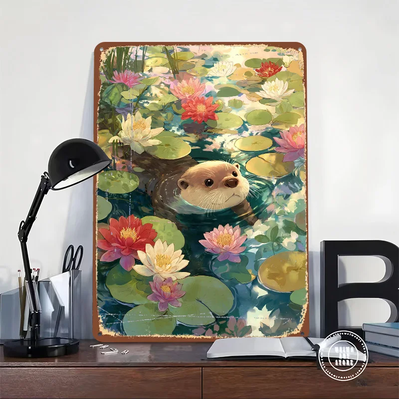 Otter in Lily Pond Printed Poster Customized Wall Art Retro Vintage Metal Tin Signs for Home Decoration Garage Bar Accessories
