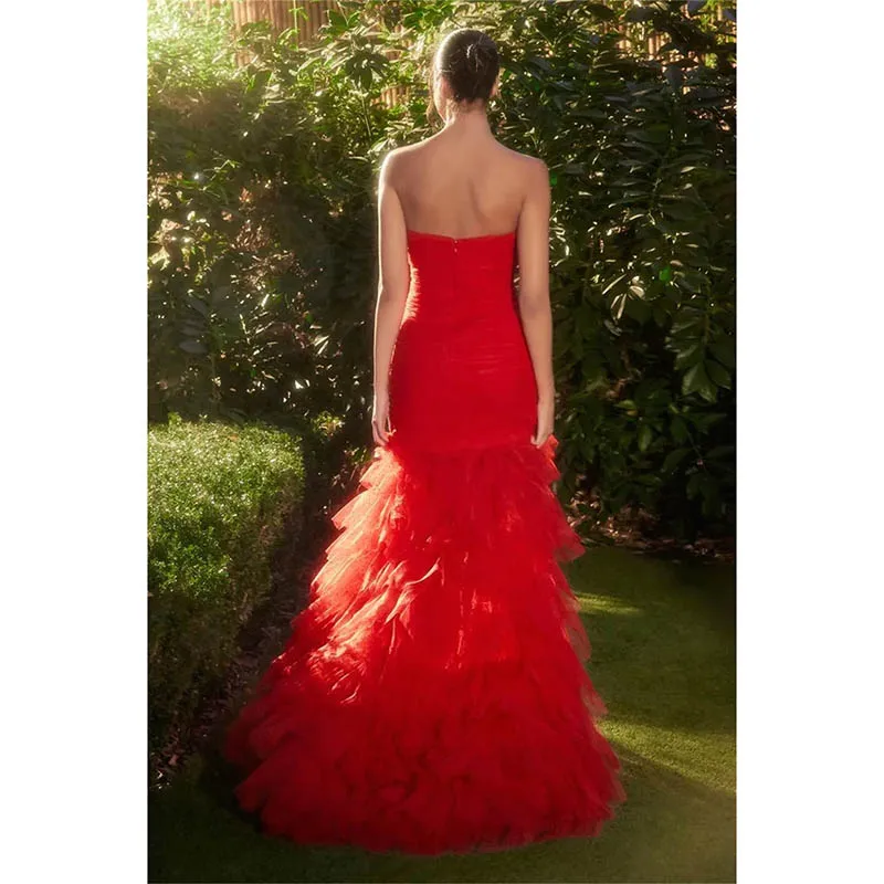Customized Graceful Sexy Red Mermaid Prom Dresses Tulle Multi-layered Bride Evening Dresses Ladies Formal Wear Party Dresses