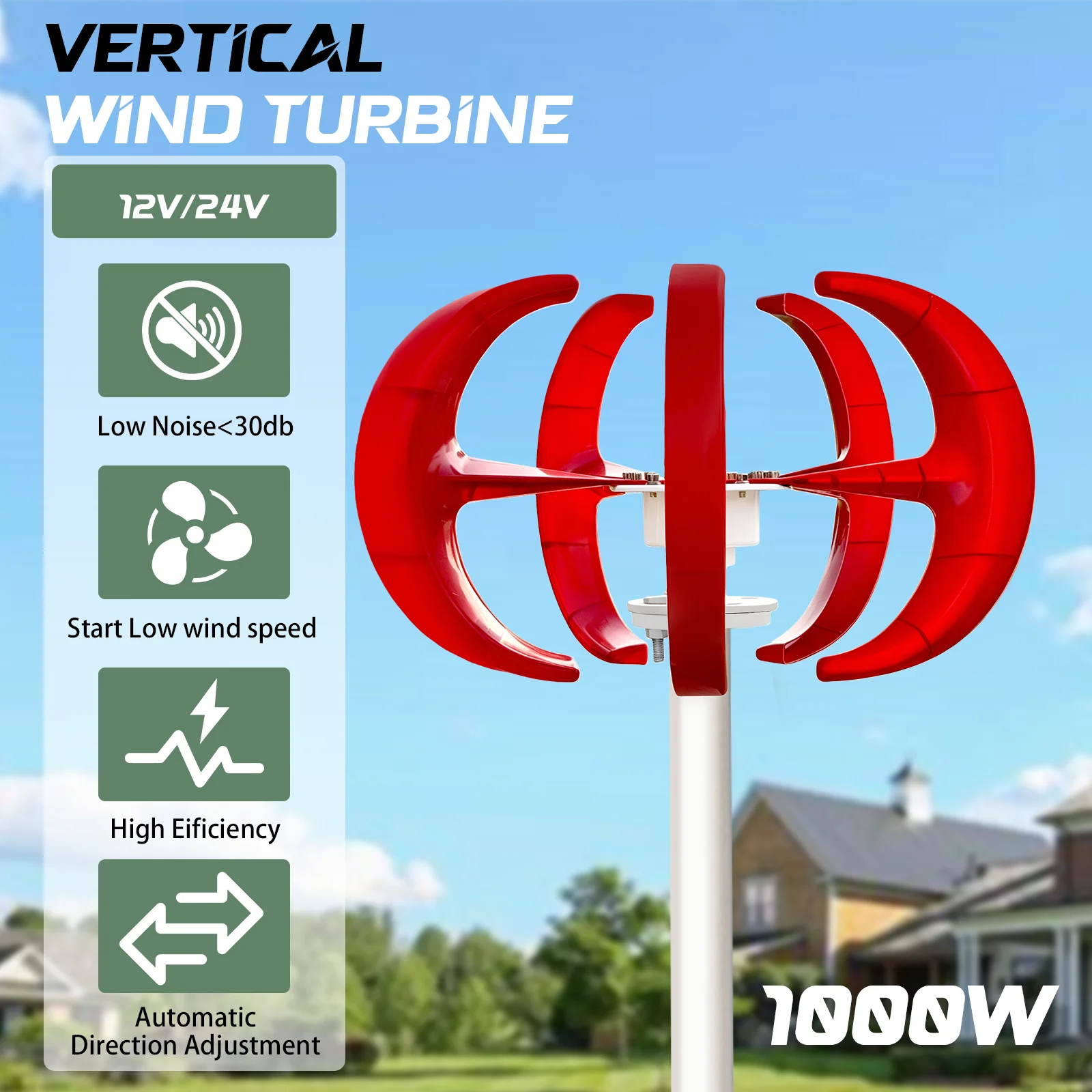 EKPAOWE Windmill 1000W Vertical Wind Generator Red Lantern for Home 12V/24V Off-Grid, Compatible with Solar Panel System, Fast Ship from US Warehouse
