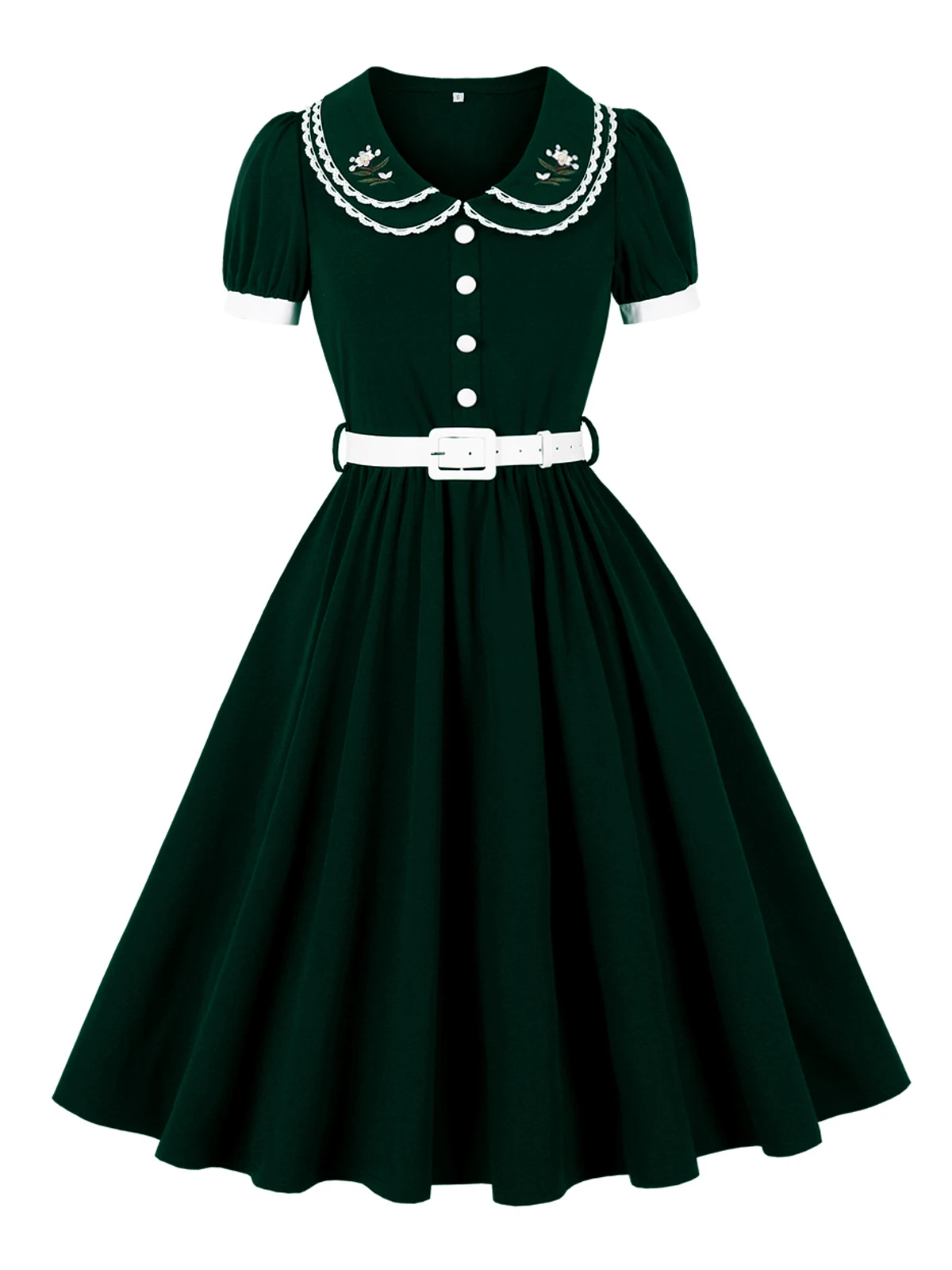 Tonval Spitzenbesatz bestickter Peter-Pan-Kragen Vintage 1950er-Jahre-Partykleidung für Frauen Knöpfe vorne mit Gürtel Midi-Swing-Kleider – Detail 19