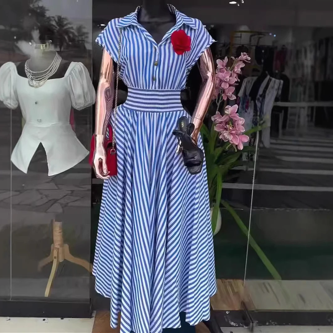 

Long Dress Women Dresses Shirt Striped Vestidos Y2k Streetwear Tight Waist Short Sleeve Elegant Splice Party Night Work Casual