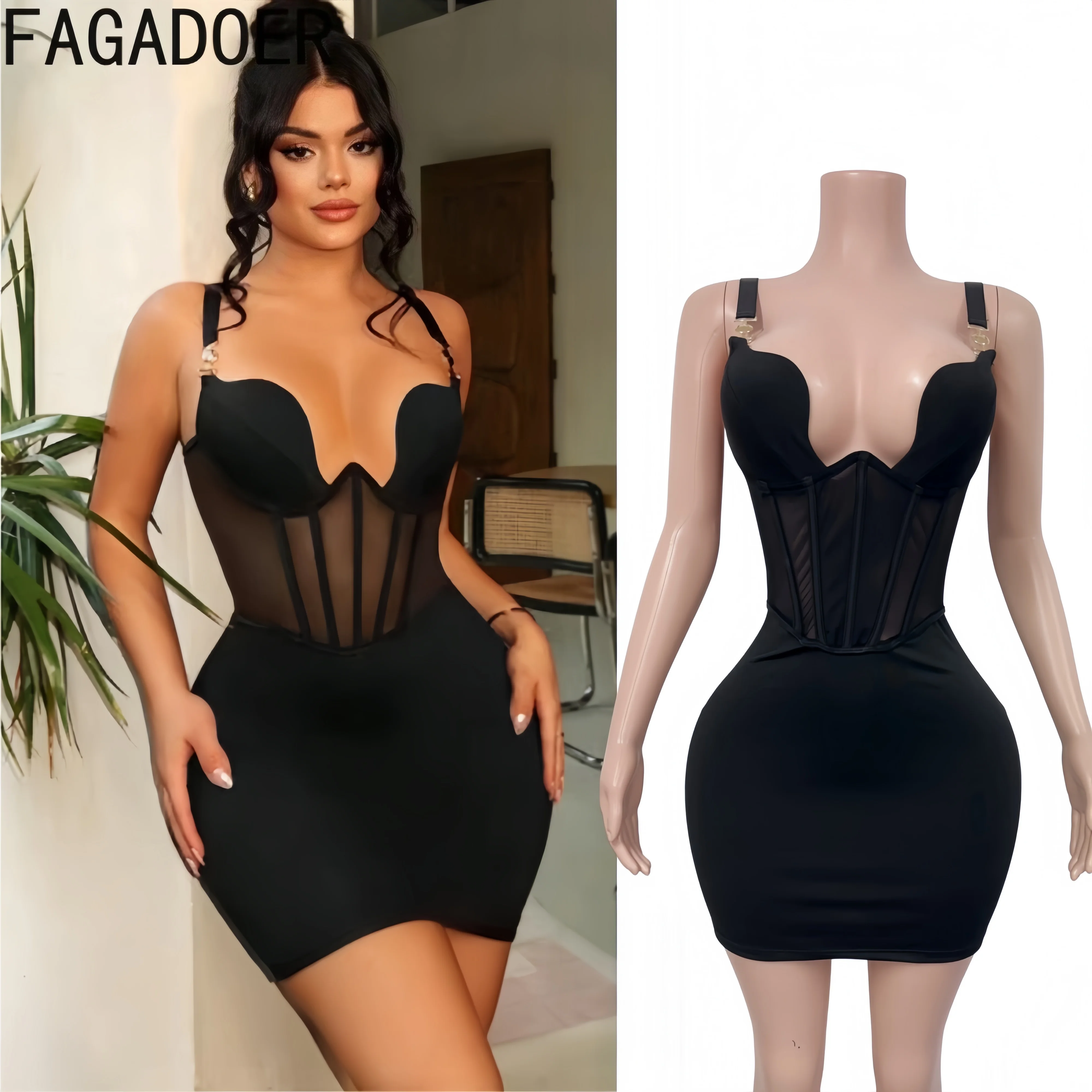 FAGADOER Women Sexy Mesh Patchwork Corset Mini Dress Fashion Deep V Off Shoulder Back Hollow Out Bodycon Short Dress Streetwear