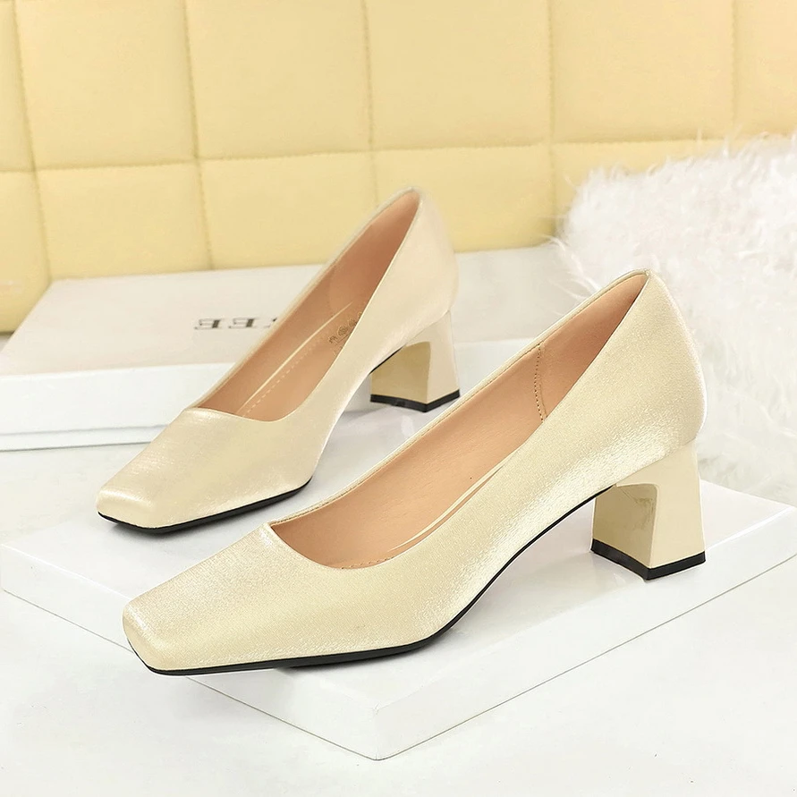 BIGTREE 2025 Spring Concise Style Silk Square Toe Middle Heel Pumps Lady Prom Shallow Mouth Thick Heel Single Shoe Zaptos Mujer