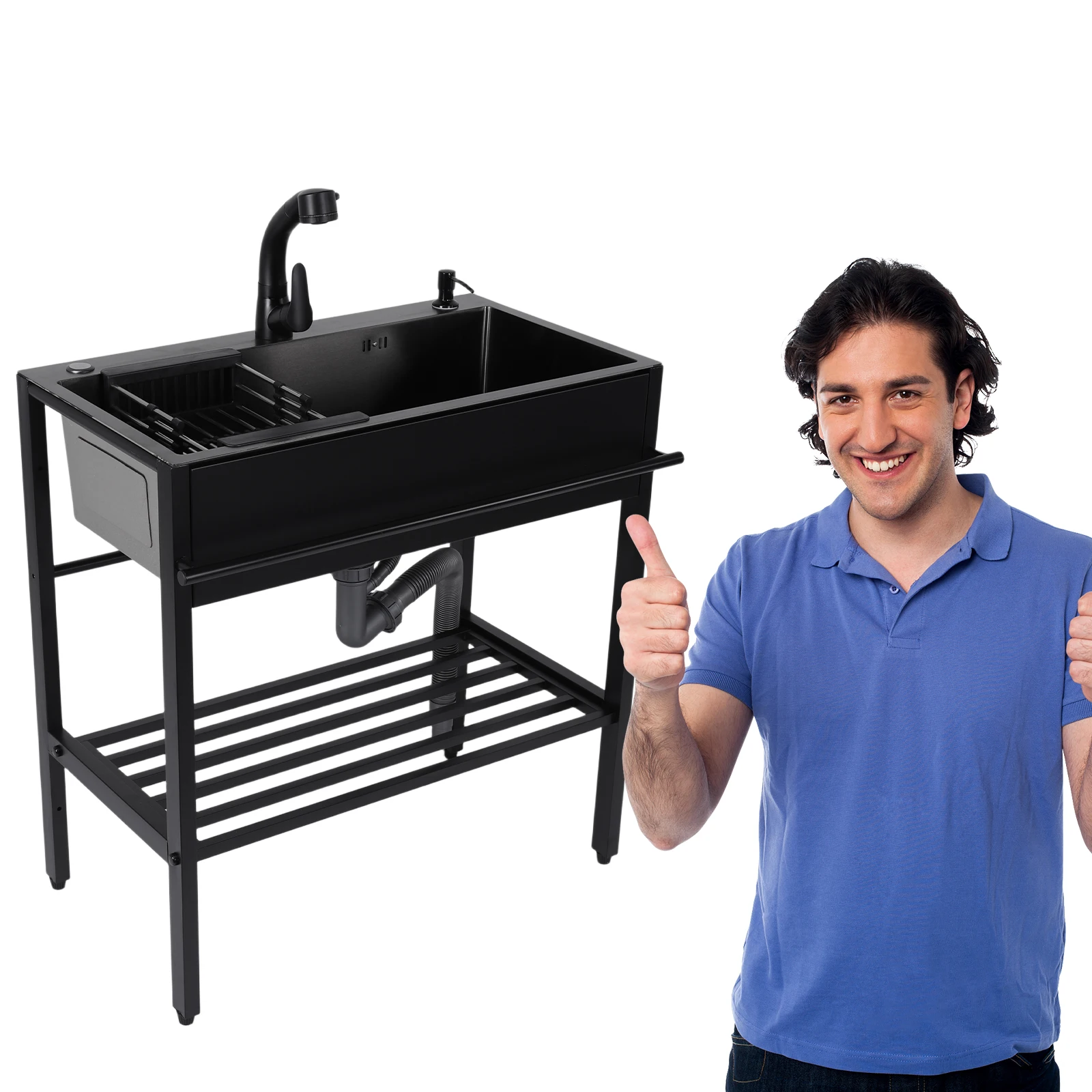 

Stainless Steel Sink with Cold & Hot Water Faucet Hoses and Drain Kit Freestanding Sink for Kitchens Laundry Room Garage