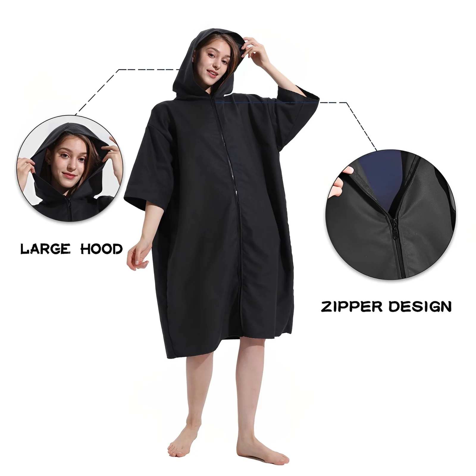 Microfiber Towel Robe with Hood Poncho Quick Changing Robe with Zipper Short Oversized Sleeve Surf Poncho Beach Towel Robe