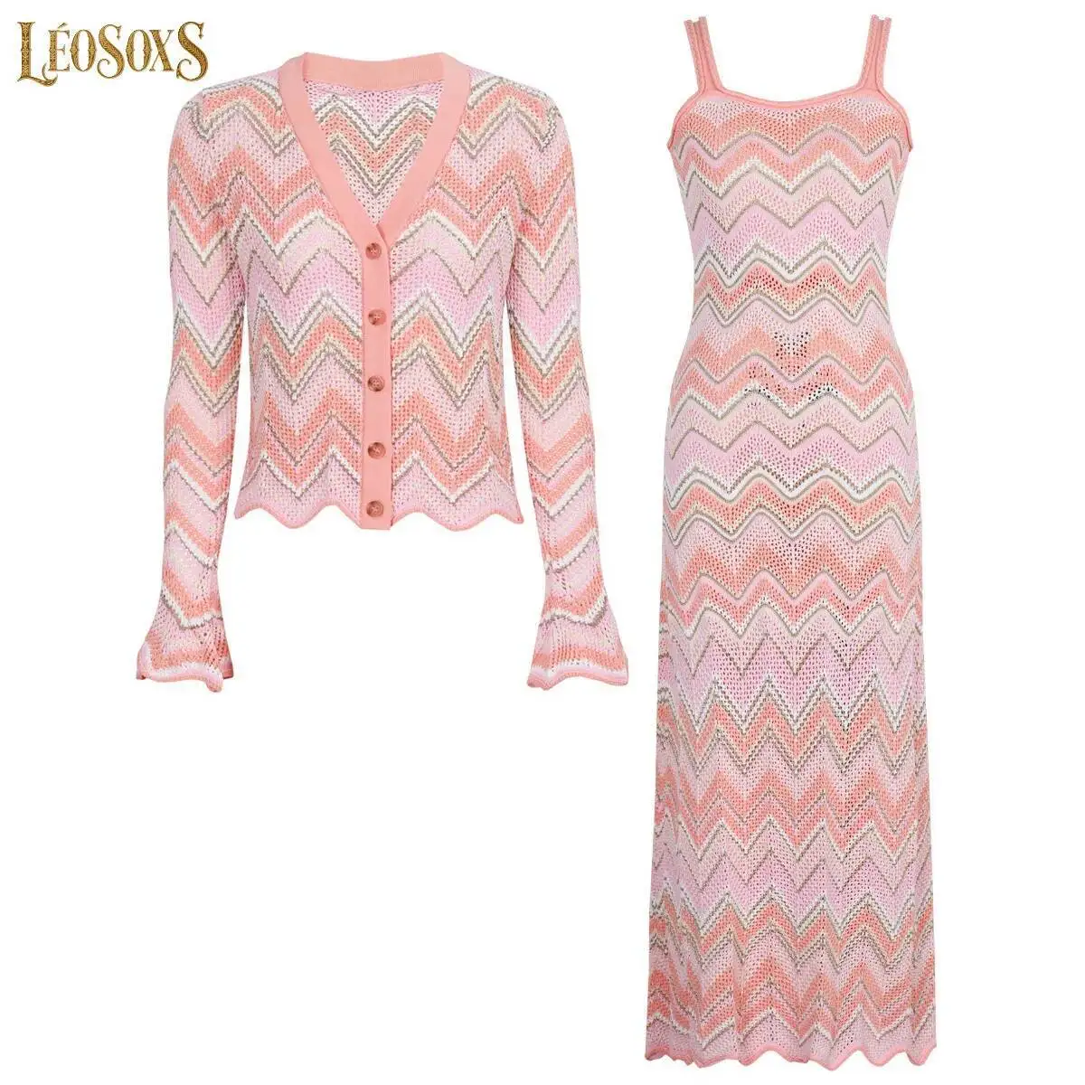 

LEOSOXS Women's 2 Piece Hollow Out Chevron Knit Set Flare Sleeve Cardigan + Sleeveless Maxi Dress Party Outfit
