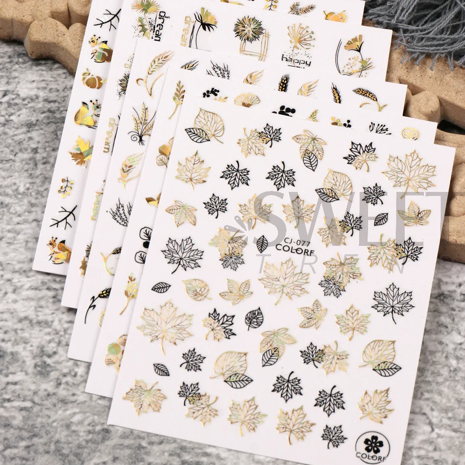 Laser Gold Geometry Maple Nail Manicure Stickers Shinning Autumn Leaves Frame Ginkgo Decals Fall DIY Decoration Sliders LYCJ-076