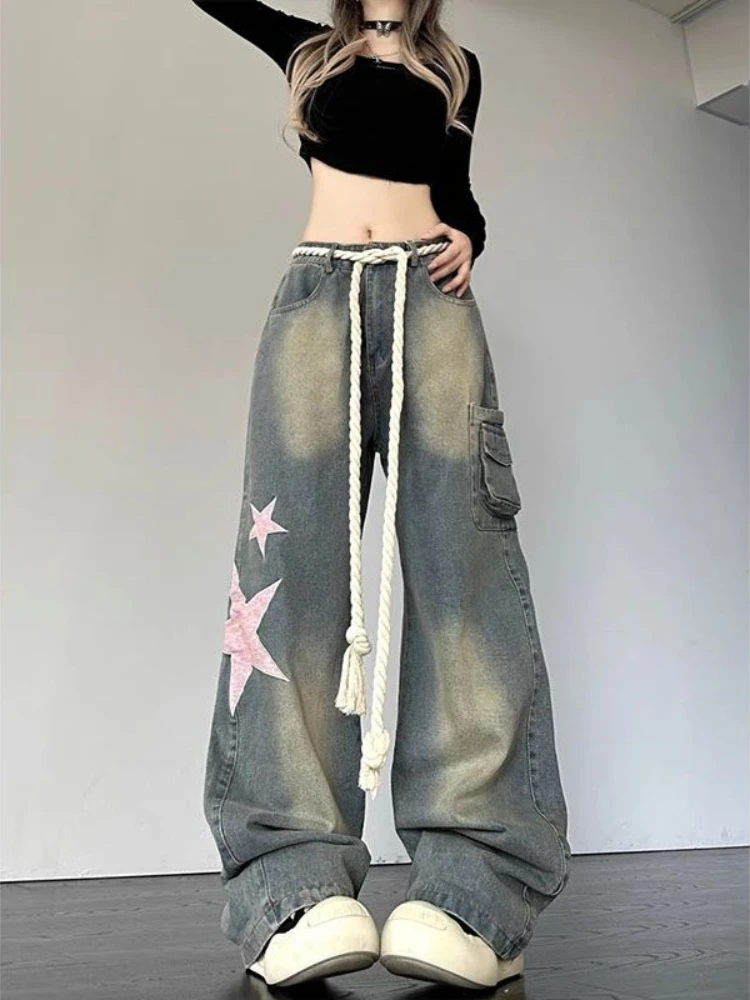 

Women's Star Patch Denim Jeans Vintage American Retro Cargo Pants High Waist Wide Leg Streetwear Baggy Trousers
