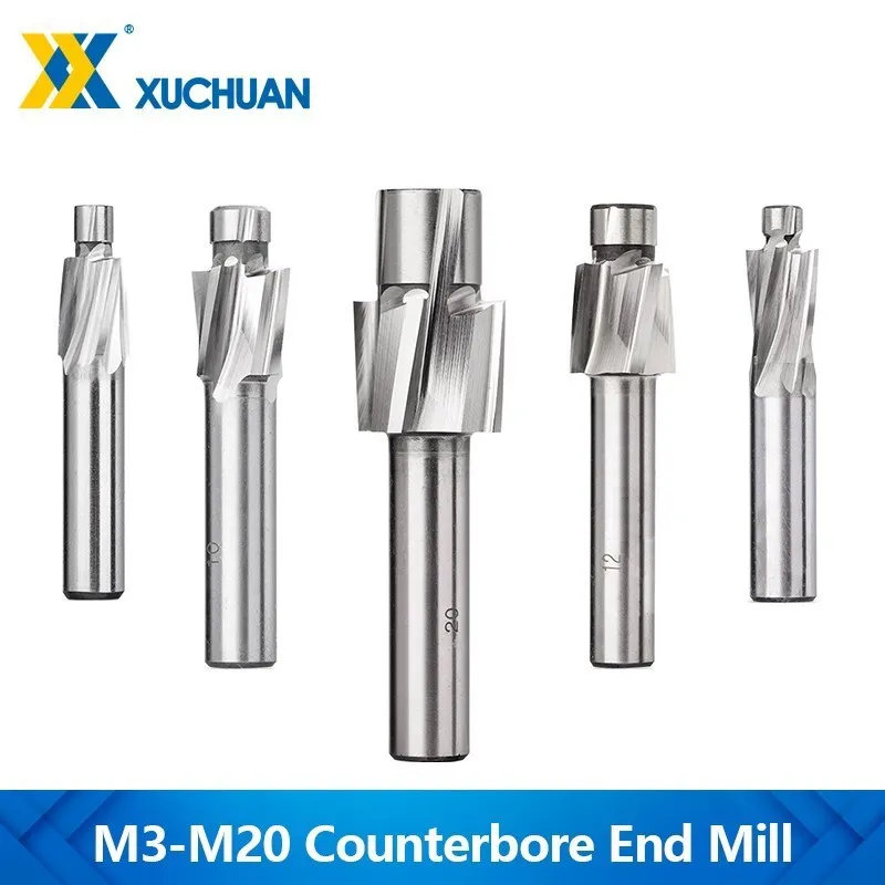 1pc HSS Counterbore End Mill M3.2-M20 4 Flute Pilot Slotting Bit Counterbore Mill Milling Cutter for Wood/Metal Drilling