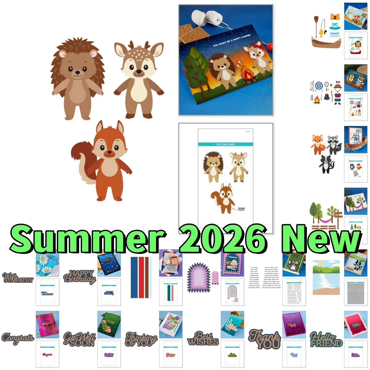 

Март 2026: Новые металлические вырубные ножи и прозрачные штампы для скрапбукинга и декорирования бумаги, серия «Летний лагерь: Дружеские тропы»