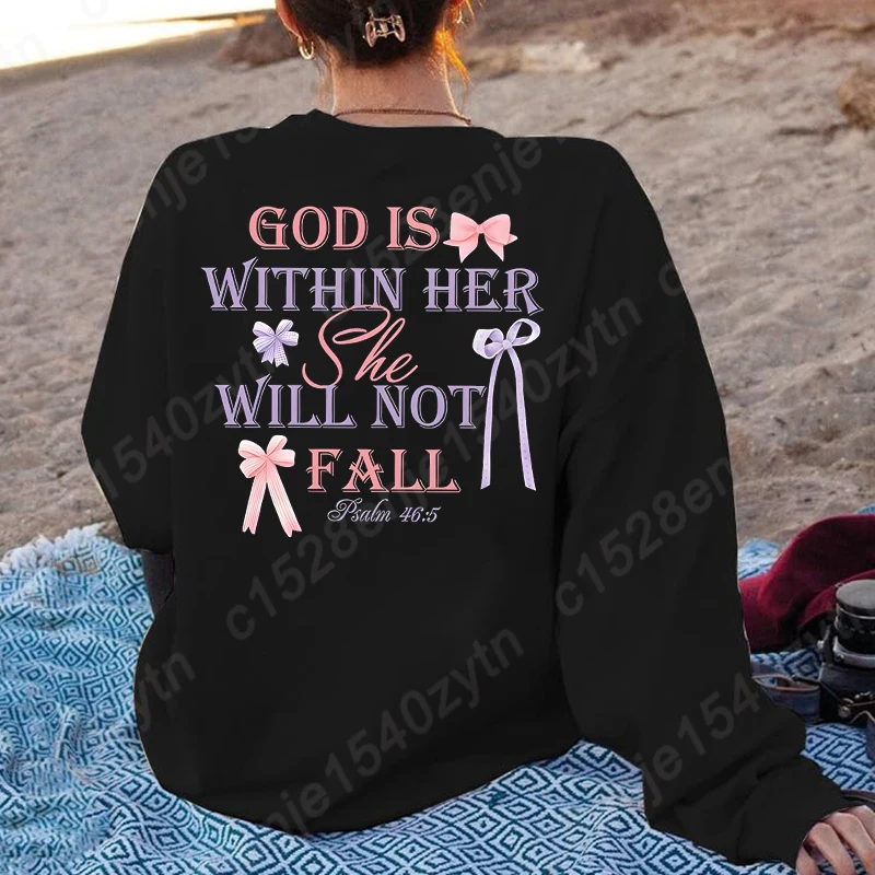 Bow & God Is Within Her She Will Not Fall Letter Print Sweatshirts, Christian Quote Sweatshirts, Women's Oversized Sweatshirt