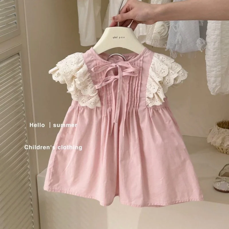 2026Summer Children's Vintage Hollow Out Fly Sleeve Princess Dress Sweet Lace Pink Dress for Girls