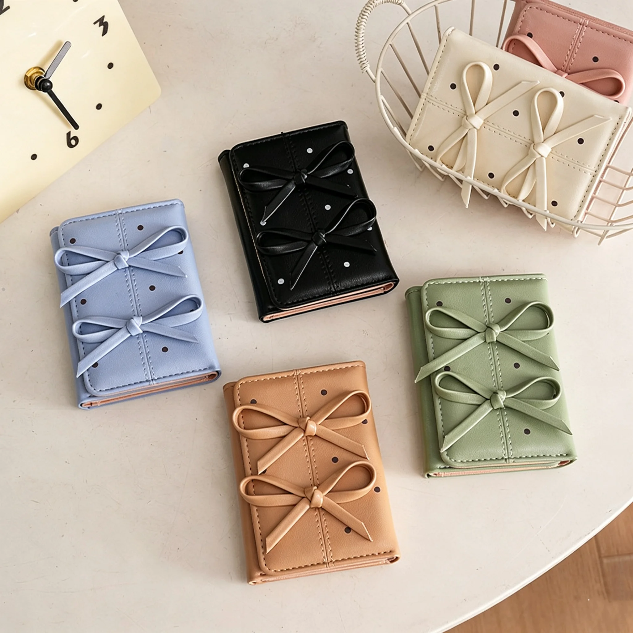 Bowknot Wallet Macaron Color Card Holder Purse Women'S Purse Pu Leather Polka Dot Wallet For Relatives Women Female Friends