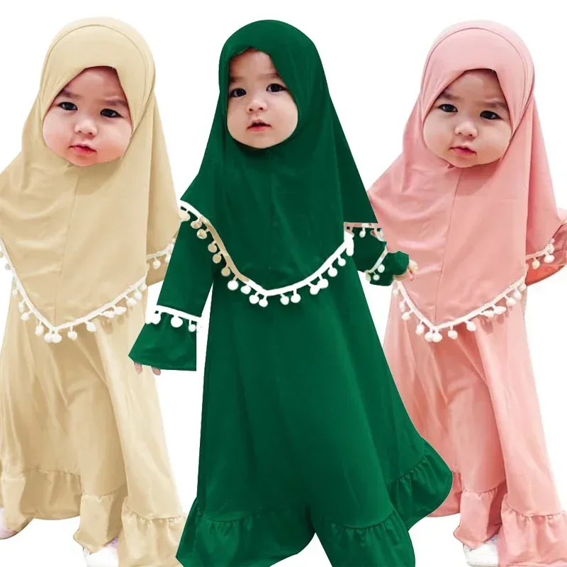 Bloemen Moslim Meisjes Gebedsjurk Hijab Abaya Gewaad Arab Dubai Kinderen Ramadan Set Kids Kaftan Hoofddoek Islamic Eid Jurk Jilbab
