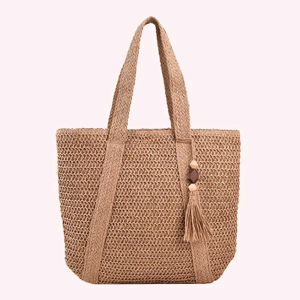 Bolsos con asa superior, bolsos tejidos a mano a la moda, bolsos de verano simples de gran capacidad con colgante de borla, bolso de compras