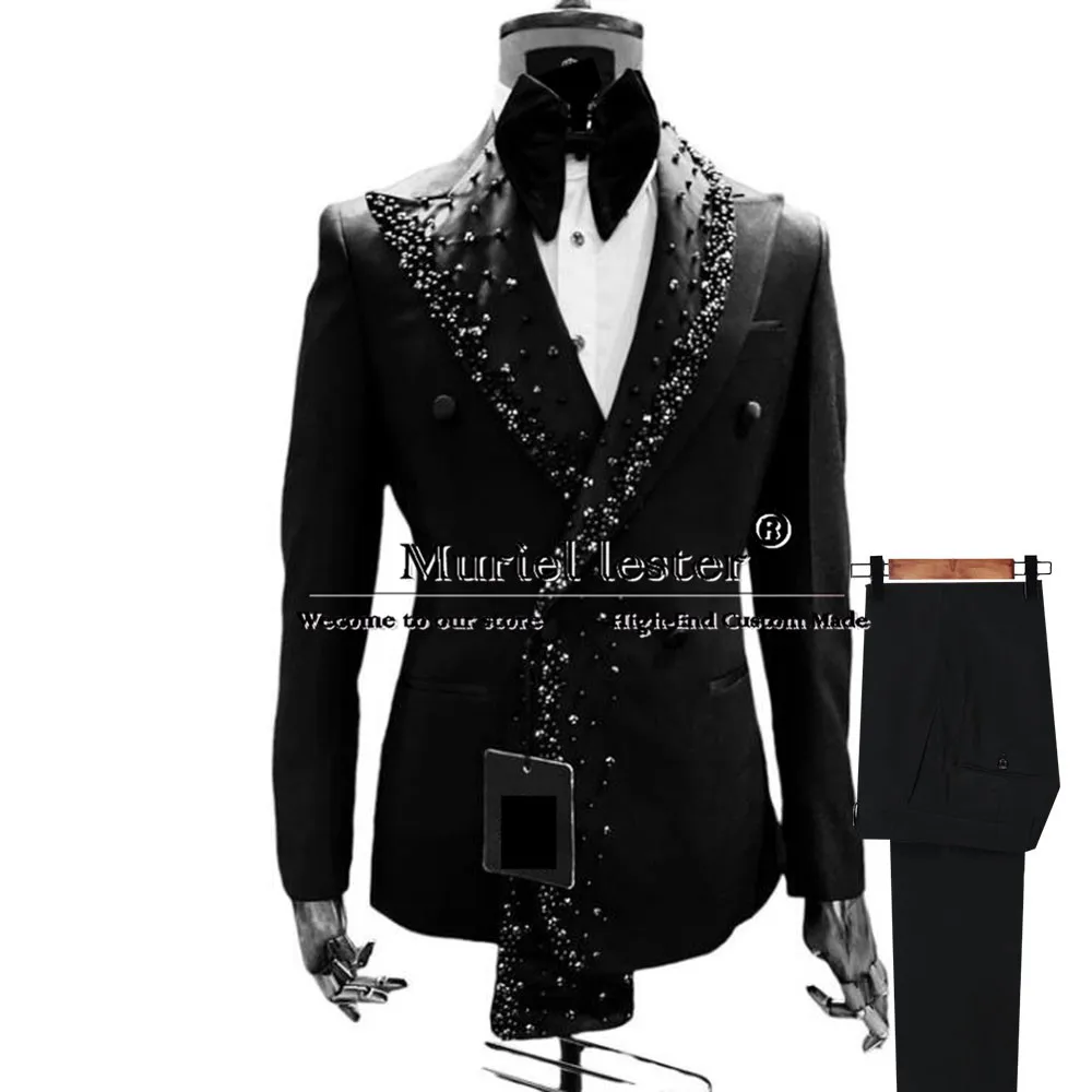 Luxury Business Men's Suits Double Breasted Diamond Gemstone Jakcet Pants 2 Pieces Groom Wedding Tuxedo Bespoke Male Clothing