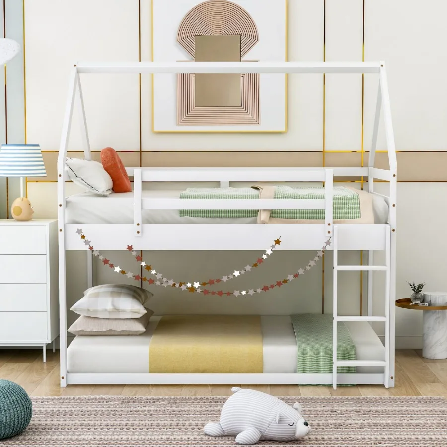 

Двухъярусная кровать Twin over Twin Low Bed House Bed с лестницей, белая