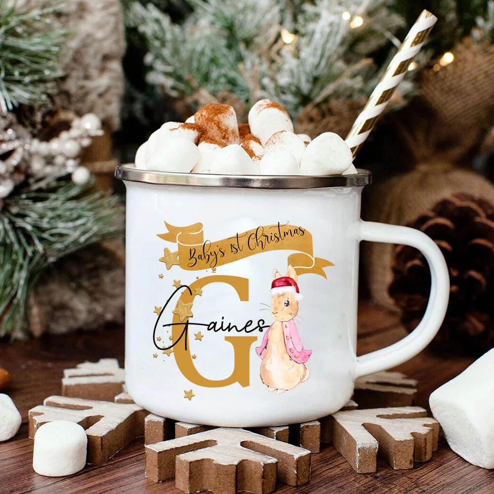 

Baby's 1st Christmas Enamel Christmas Mug, Christmas Gift, Personalised Childs cup, Bunny Rabbit Enamel Mug
